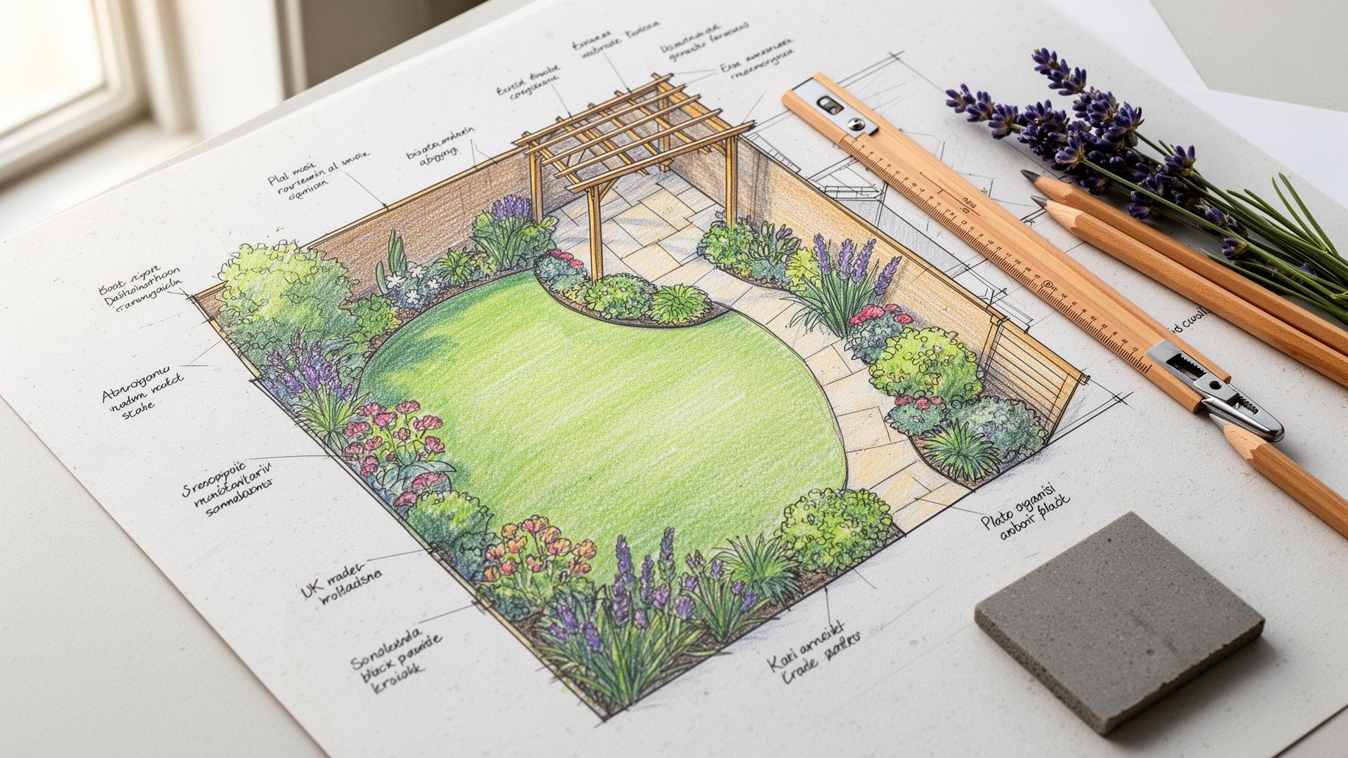 Hand-drawn garden design plan over a Bournemouth back garden