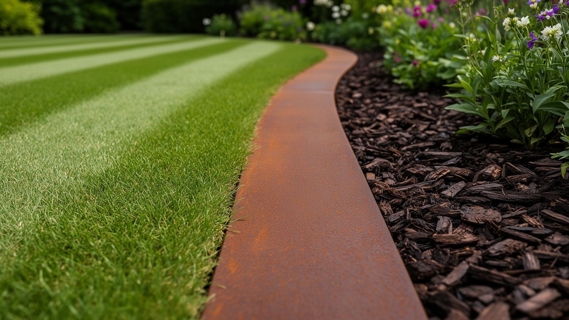 Freshly installed metal lawn edging beside a planted border in a Poole garden