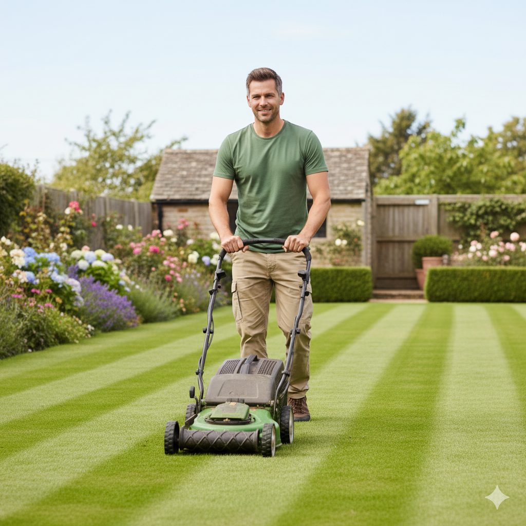 Freshly mowed striped lawn at a Poole home