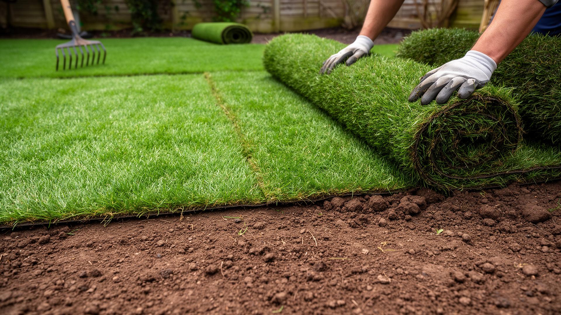 Freshly laid lawn turf rolls in a Bournemouth back garden